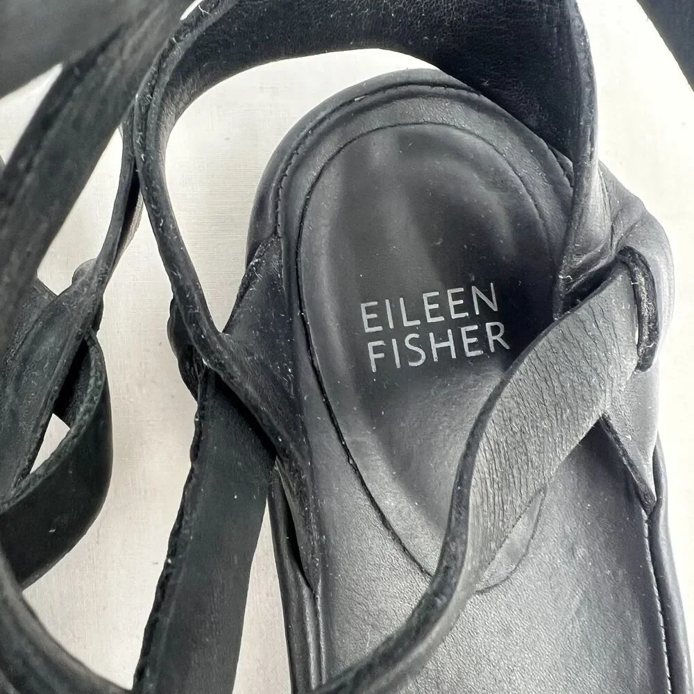 Eileen Fisher Black Leather Strappy Ankle Strap Sandals Womens Size 8.5